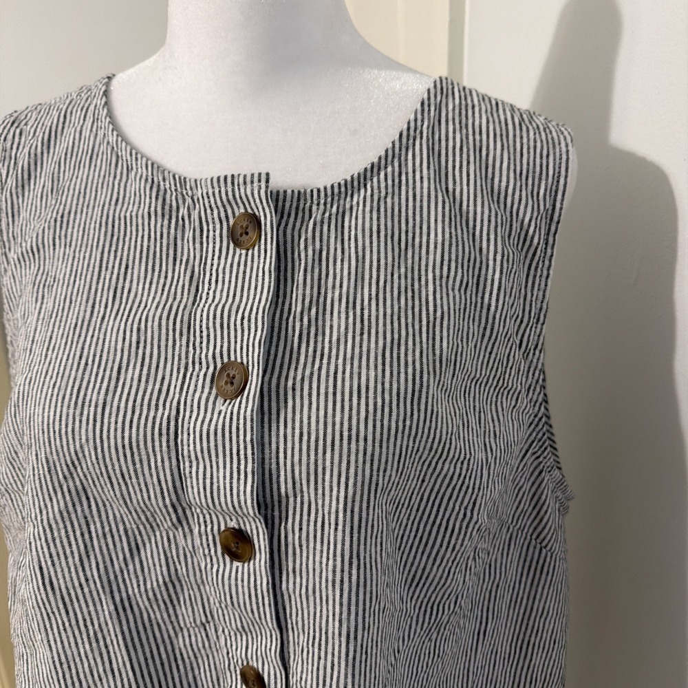 EUC J Crew Factory Linen Vertical Railroad Stripe Tank L Button Black White